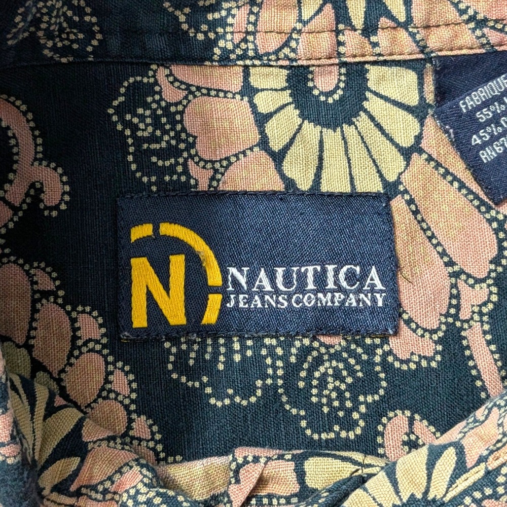Nautica Jeans Co Floral Button Up Shirt XL Linen Cotton Camp Shirt Y2K - Picture 3 of 12